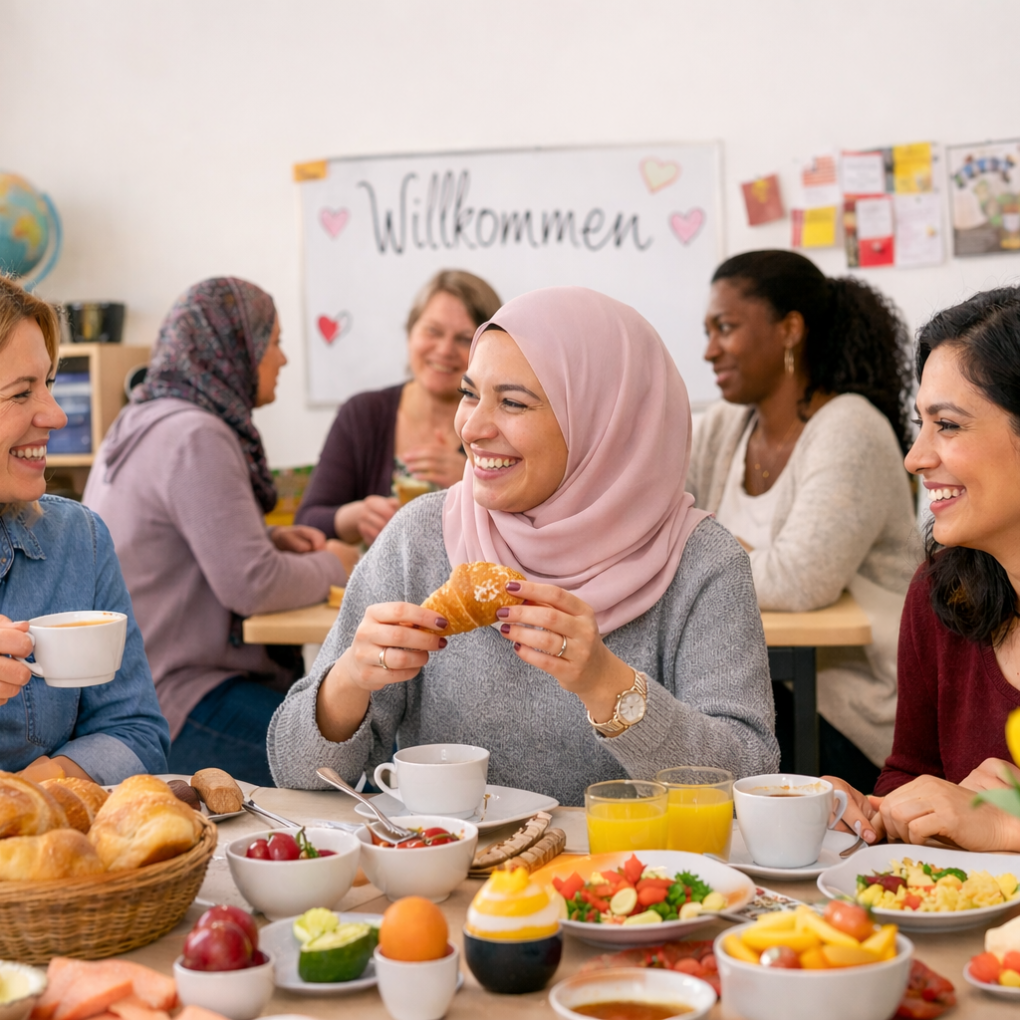 Frauen verschiedener Herkunft und verschiedenen Alters frühstücken gemeinsam